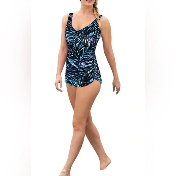 Swimsuits For All SWIM365 Swimsuit Blue Painterly Leaves Women Plus Size 30 NWOT - Picture 1 of 12